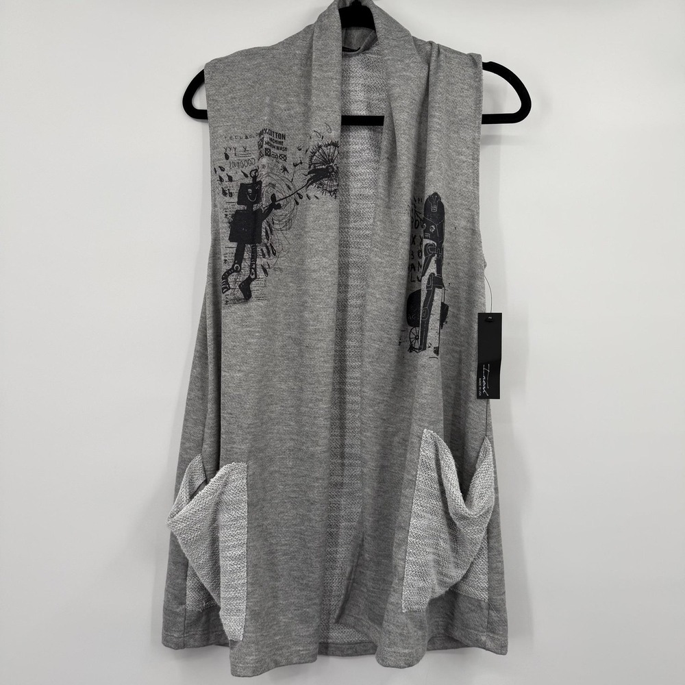 Inoah Tunic Vest Womens Medium Gray Hooded Cowl Neck Pockets Terry Relaxed
